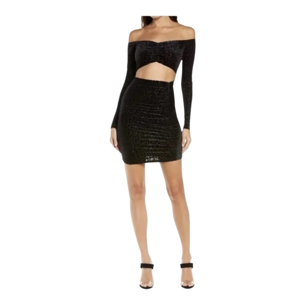 Naked Wardrobe Leopard Print Bodycon off Shoulders Black Dress, Size S